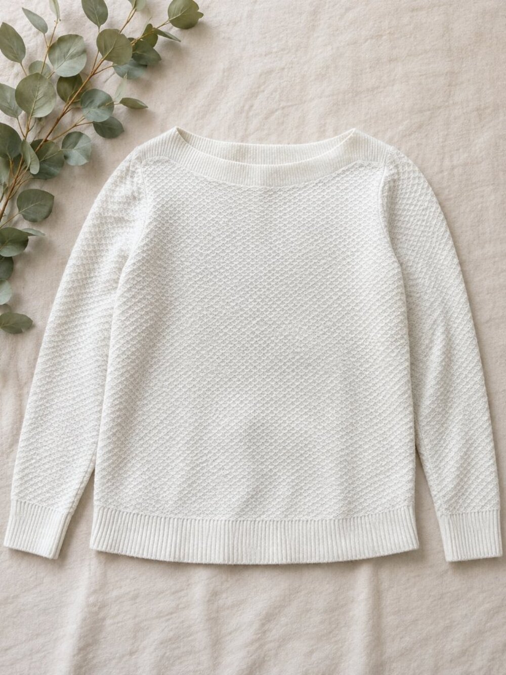 LOFT White Textured Cotton Sweater | Boat Neck | Medium
